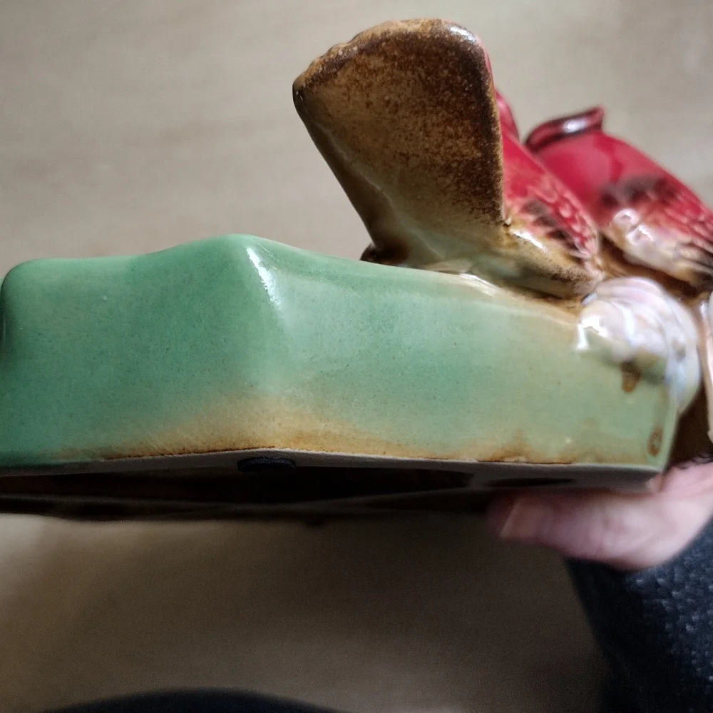 Vintage Art Pottery Green Maple Leaf w/Perched Cardinal Pair